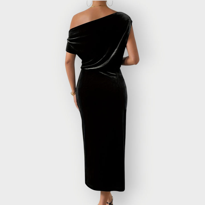 Alexis – Off-Shoulder Draped Velvet Midi Dress