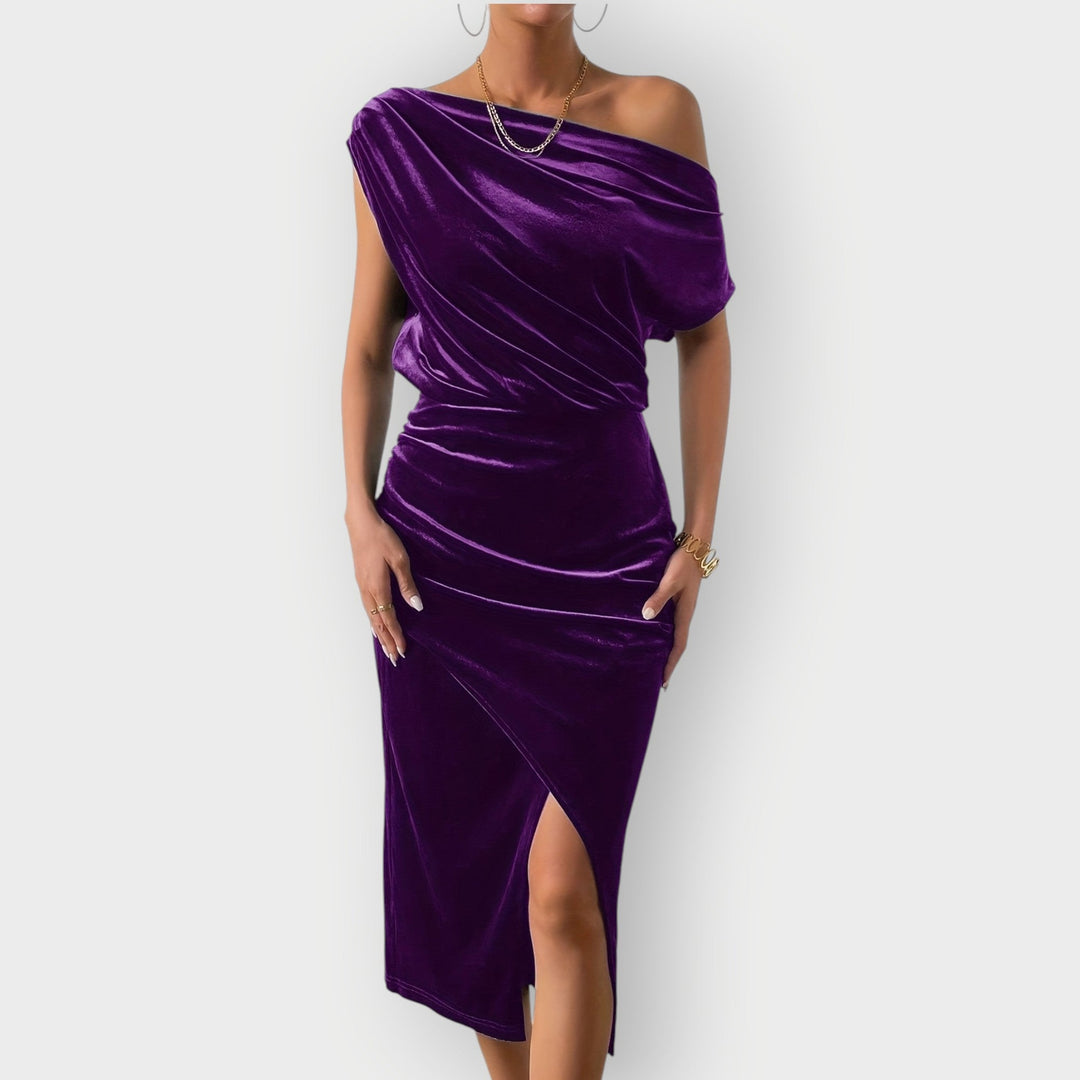 Anna – Off-Shoulder Draped Velvet Midi Dress